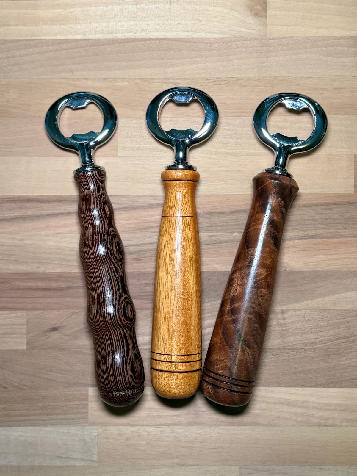 Handcrafted wooden bottle openers